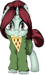 Size: 535x890 | Tagged: safe, artist:angrylittlerodent, artist:m3nsfw, derpibooru import, oc, oc:taffeta, unofficial characters only, pony, unicorn, animated, cinemagraph, clothes, eating, female, food, mare, nom, pizza, solo