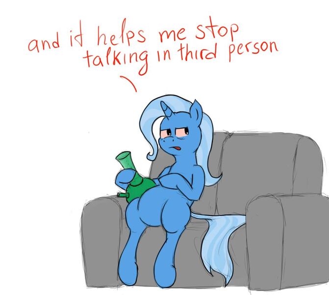 Size: 938x839 | Tagged: safe, anonymous artist, derpibooru import, trixie, pony, unicorn, bong, couch, drugs, female, high, mare, marijuana, simple background, sitting, solo, white background