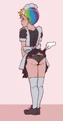 Size: 700x1350 | Tagged: artist:hot headed clover, ass, assisted exposure, black underwear, blushing, clothes, derpibooru import, disembodied hand, human, humanized, looking back, maid, panties, rainbow dash, shoes, skirt, skirt lift, skirt pull, socks, solo, suggestive, thigh highs, thighs, underwear, upskirt, zettai ryouiki