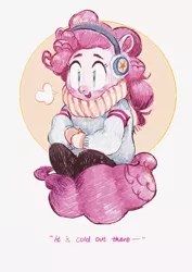 Size: 708x1000 | Tagged: anthro, artist:zaininn, breath, clothes, cold, derpibooru import, earmuffs, mittens, pinkie pie, safe, scarf, solo, sweater, winter