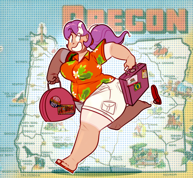 Size: 1280x1184 | Tagged: artist:secretgoombaman12345, ask chubby diamond, chubby, derpibooru import, diamond tiara, human, humanized, luggage, luggage stickers, oregon, safe, sandals, smiling, solo, suitcase, tan lines