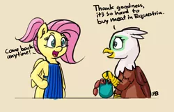 Size: 2854x1837 | Tagged: safe, artist:pabbley, derpibooru import, fluttershy, greta, gryphon, alternate hairstyle, butcher, butchershy, dialogue, food, meat, out of character, ponies eating meat, sausage, steak