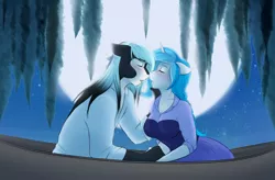 Size: 2000x1309 | Tagged: safe, artist:askbubblelee, derpibooru import, oc, oc:bubble lee, oc:imago, oc:mako, unofficial characters only, anthro, earth pony, unicorn, anthro oc, boat, crossover, female, imminent kissing, makolee, male, race swap, straight, the little mermaid