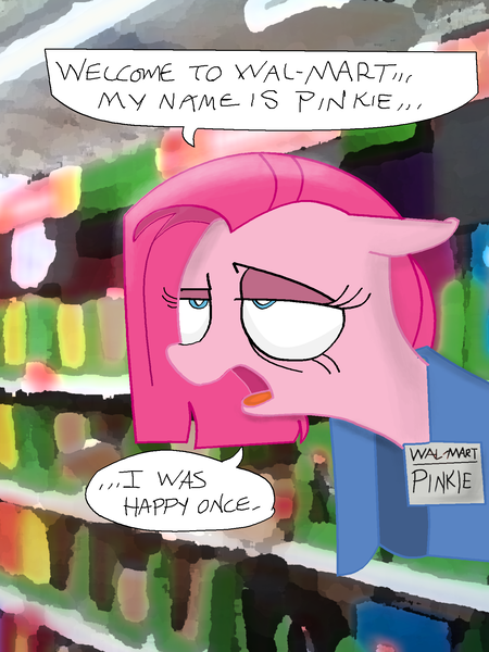 Size: 1440x1920 | Tagged: artist:andypriceart, artist:plmbare, colored, dead inside, depressed, derpibooru import, pinkamena diane pie, pinkie pie, safe, solo, wal-mart, walmart