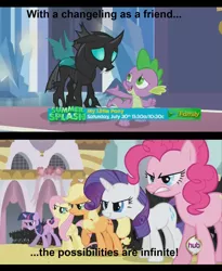 Size: 1440x1758 | Tagged: a canterlot wedding, applejack, caption, changeling, cute, derpibooru import, edit, edited screencap, floppy ears, fluttershy, image macro, mane six, meme, pinkie pie, preview, rainbow dash, rarity, safe, screencap, shipping, spike, the times they are a changeling, thorax, trailer, transformation, twilight sparkle