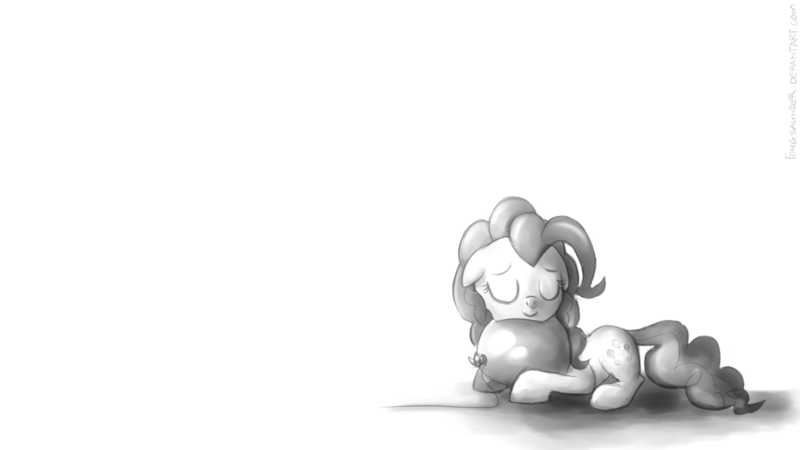 Size: 1366x768 | Tagged: artist:fongsaunder, balloon, derpibooru import, eyes closed, grayscale, monochrome, pinkie pie, safe, snuggling, solo