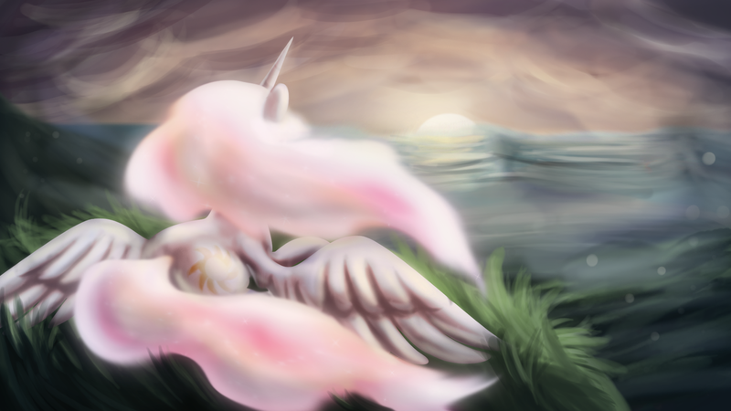 Size: 1920x1080 | Tagged: artist:zedrin, derpibooru import, ocean, pink-mane celestia, princess celestia, safe, solo, sunrise, younger