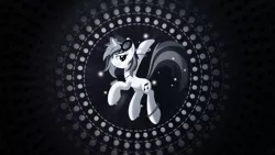 Size: 1920x1080 | Tagged: safe, artist:mithandir730, artist:mysteriouskaos, derpibooru import, vinyl scratch, pony, unicorn, dark, female, magic, mare, monochrome, particles, solo, vector, wallpaper