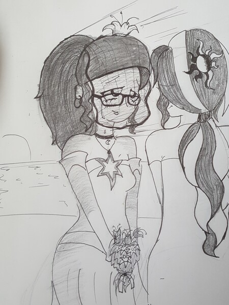 Size: 2522x3361 | Tagged: safe, artist:missmayaleanne, derpibooru import, sci-twi, sunset shimmer, twilight sparkle, equestria girls, bouquet, clothes, crying, dress, female, grayscale, lesbian, marriage, monochrome, ponytail, scitwishimmer, shipping, sunset, sunsetsparkle, tears of joy, traditional art, veil, wedding, wedding dress