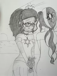 Size: 2522x3361 | Tagged: safe, artist:missmayaleanne, derpibooru import, sci-twi, sunset shimmer, twilight sparkle, equestria girls, bouquet, clothes, crying, dress, female, grayscale, lesbian, marriage, monochrome, ponytail, scitwishimmer, shipping, sunset, sunsetsparkle, tears of joy, traditional art, veil, wedding, wedding dress