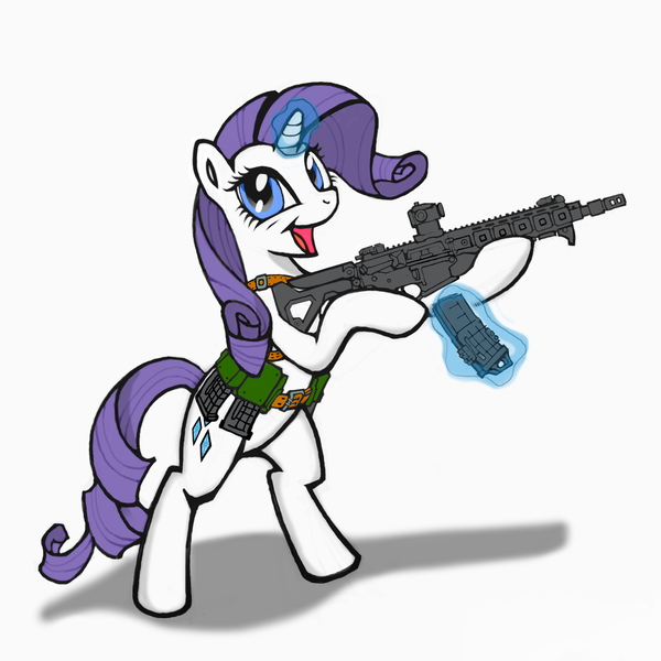 Size: 3000x3000 | Tagged: safe, artist:rex42, artist:vombavr, derpibooru import, rarity, pony, aimpoint, ar15, assault rifle, bipedal, gun, happy because she own a fantastic american-made firearm, larue tactical, magic, magpul, picatinny rail, reflex sight, rifle, tacticool, telekinesis, wahaha, weapon