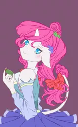 Size: 540x884 | Tagged: artist needed, safe, derpibooru import, oc, oc:sweesery, unofficial characters only, anthro, unicorn, blue eyes, clothes, dress, hair bow, pink hair, solo