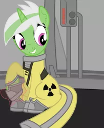 Size: 1837x2267 | Tagged: safe, artist:rainbowsurvivor, derpibooru import, oc, oc:linux, unofficial characters only, pony, unicorn, boots, grin, hazmat suit, magic, smiling, solo, telekinesis