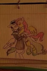 Size: 640x960 | Tagged: safe, derpibooru import, fluttershy, oc, oc:thunder scratch, anthro, unguligrade anthro, anthro oc, blushing, canon x oc, drawing, kissing, shipping, traditional art