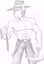 Size: 737x1083 | Tagged: angry, anthro, artist:mayorlight, clothes, derpibooru import, edit, igneous rock pie, male, monochrome, muscles, pickaxe, safe, solo, stallion, topless
