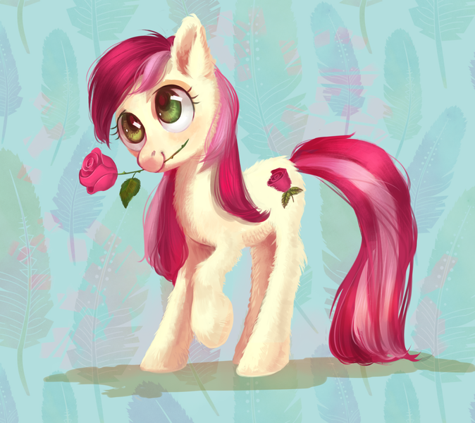 Size: 1500x1336 | Tagged: safe, artist:lis-alis, derpibooru import, roseluck, earth pony, pony, abstract background, cute, female, flower, flower in mouth, fluffy, mare, mouth hold, rose, solo