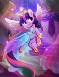 Size: 734x950 | Tagged: safe, artist:lindsay cibos, derpibooru import, twilight sparkle, twilight sparkle (alicorn), alicorn, pony, clothes, color porn, cute, dress, element of magic, flying, hoof shoes, princess dress, princess shoes, solo, sparkles, twiabetes