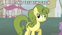 Size: 800x449 | Tagged: safe, derpibooru import, edit, edited screencap, screencap, carrot top, golden harvest, earth pony, pony, boast busters, background pony, carrot top is not amused, female, green hair, image macro, impact font, mare, meme, raised hoof, solo focus, the muppets, unamused