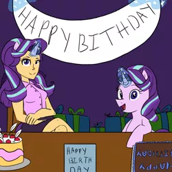 Size: 2500x2500 | Tagged: safe, artist:pandaamanda11, derpibooru import, starlight glimmer, human, banner, birthday, birthday cake, birthday gift, cake, clothes, crossed legs, cute, eared humanization, feather, food, happy birthday, horned humanization, human ponidox, humanized, present, request, skirt, tailed humanization