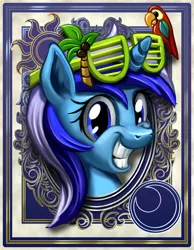 Size: 700x900 | Tagged: safe, artist:harwick, derpibooru import, minuette, parrot, pony, unicorn, harwick's sun/moon portraits, coconut, cute, female, food, grin, looking at you, mare, palm tree, portrait, shutter shades, smiling, solo, squee