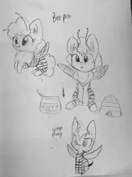 Size: 959x1280 | Tagged: safe, artist:tjpones, derpibooru import, oc, unofficial characters only, bee, bee pony, original species, pony, wasp, wasp pony, beehive, black and white, food, grayscale, honey, lineart, monochrome, pencil drawing, traditional art