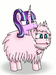 Size: 1125x1500 | Tagged: safe, artist:polishcrossoverfan, derpibooru import, starlight glimmer, oc, oc:fluffle puff, animated, fusion, not salmon, pbt, ponies riding ponies, tongue out, wat, we have become one