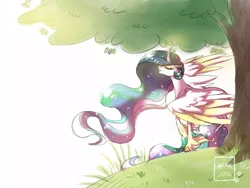 Size: 800x600 | Tagged: safe, artist:nafsi-chan, derpibooru import, princess celestia, alicorn, classical unicorn, pony, cloven hooves, colored wings, colored wingtips, curved horn, eyes closed, eyeshadow, female, grass, grin, hill, leonine tail, majestic, makeup, mare, missing accessory, outdoors, raised hoof, signature, simple background, smiling, solo, spread wings, sweet dreams fuel, tree, unshorn fetlocks, white background, wings