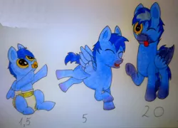 Size: 2376x1707 | Tagged: safe, artist:saxpony, derpibooru import, oc, oc:skaj, unofficial characters only, pegasus, pony, age progression, baby, baby pony, diaper, foal, pacifier, traditional art