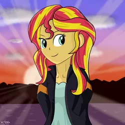 Size: 3000x3000 | Tagged: safe, artist:linlaifeng, derpibooru import, sunset shimmer, equestria girls, clothes, crepuscular rays, jacket, leather jacket, solo, sun, sunset, sunshine shimmer