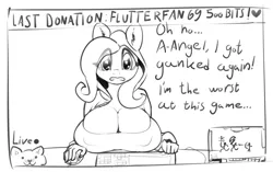 Size: 1280x805 | Tagged: anthro, artist:grispinne, big breasts, breasts, busty fluttershy, cleavage, computer, crying, cute, derpibooru import, female, fluttershy, frown, huge breasts, livestream, monochrome, open mouth, sad, solo, solo female, suggestive, webcam