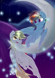 Size: 2893x4092 | Tagged: safe, artist:banoodle, derpibooru import, derpy hooves, rainbow dash, pegasus, pony, female, hanging, mare, moon, prone, stars, tangible heavenly object