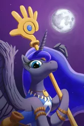 Size: 1280x1920 | Tagged: artist:tranquilmind, clothes, crossover, derpibooru import, moon, populous, princess luna, safe, shaman, solo, spread wings, staff