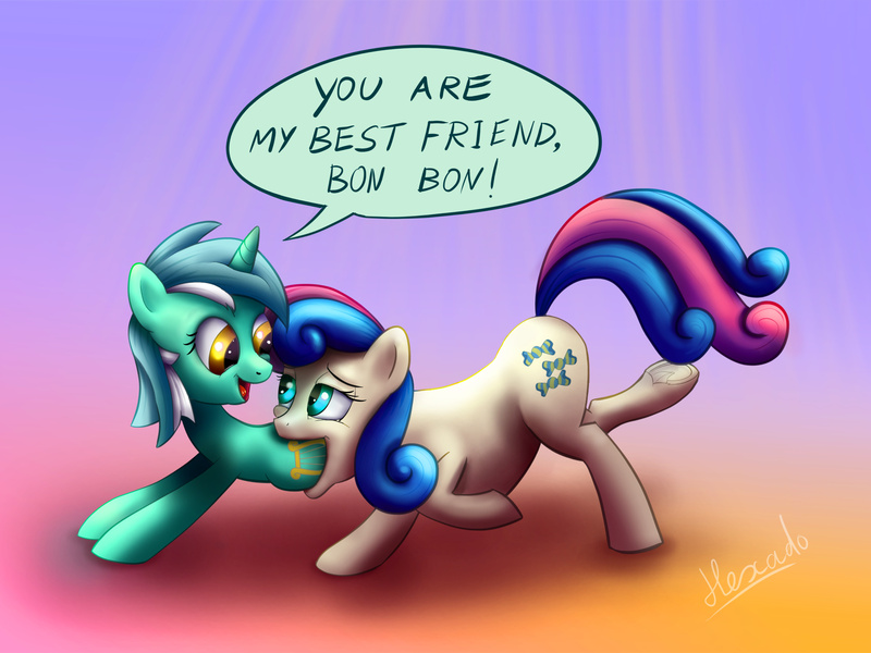 Size: 1989x1491 | Tagged: questionable, artist:hexado, derpibooru import, bon bon, lyra heartstrings, sweetie drops, pony, best friends, dialogue, female, females only, fetish, happy, lesbian, lyrabon, mare, open mouth, shipping, smiling, underhoof, vore, willing vore