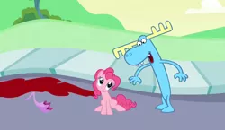 Size: 2212x1280 | Tagged: artist:skiddlezizkewl, blood, crossover, derpibooru import, happy tree friends, hear today gone tomorrow, implied death, lumpy, lumpy pie, pinkie pie, semi-grimdark, sidewalk, sitting, smiling