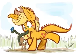 Size: 1680x1200 | Tagged: applejack, artist:heir-of-rick, derpibooru import, edit, eevee, impossibly large ears, monster pony, original species, phone, pikachu, pokémon, pokémon go, safe, smartphone, species swap, tatzljack, tatzlpony, tentacles, tentacle tongue