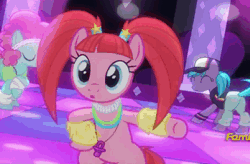 Size: 498x327 | Tagged: safe, derpibooru import, screencap, azure velour, flashdancer, pacific glow, pony, the saddle row review, :o, animated, bangs, cropped, cute, dancing, dancing queen, flank spin, flexible, furry leg warmers, glowbetes, glowstick, gyration, leg warmers, open mouth, pacifier, pigtails, rave, tail twirl
