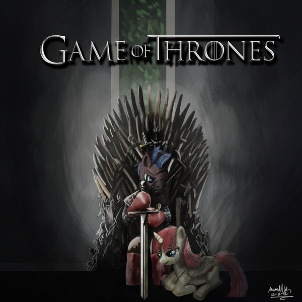 Size: 1280x1280 | Tagged: safe, artist:turbopower1000, derpibooru import, oc, unofficial characters only, alicorn, earth pony, alicorn oc, armor, crossover, duo, female, game of thrones, iron throne, male, mare, mohawk, stallion, sword, weapon