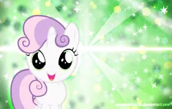 Size: 4000x2539 | Tagged: safe, artist:cosmocatcrafts, derpibooru import, sweetie belle, pony, unicorn, female, filly, grid, hexagon, lens flare, looking at you, signature, smiling, stars, vector, wallpaper