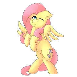 Size: 1080x1080 | Tagged: artist:coralcloud, derpibooru import, fluttershy, looking at you, one eye closed, rearing, safe, simple background, solo, spread wings, transparent background, wink