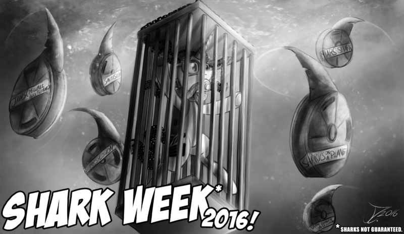 Size: 1250x725 | Tagged: artist:jamescorck, derpibooru import, diving, monochrome, movie, oc, oc:movie slate, safe, shark, shark week, solo, unofficial characters only