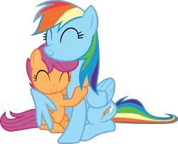 Size: 5000x4040 | Tagged: safe, artist:timelordomega, derpibooru import, rainbow dash, scootaloo, sleepless in ponyville, .svg available, absurd resolution, cute, cutealoo, dashabetes, eyes closed, female, hug, image, png, scootalove, siblings, simple background, sisterly love, sisters, sitting, transparent background, vector, winghug