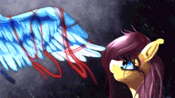 Size: 400x225 | Tagged: absurd file size, absurd gif size, animated, artist:mysterimaan, crying inside, derpibooru import, ear twitch, fluttershy, large wings, rain, rainbow dash, sad, safe, wet mane, windswept mane, wings