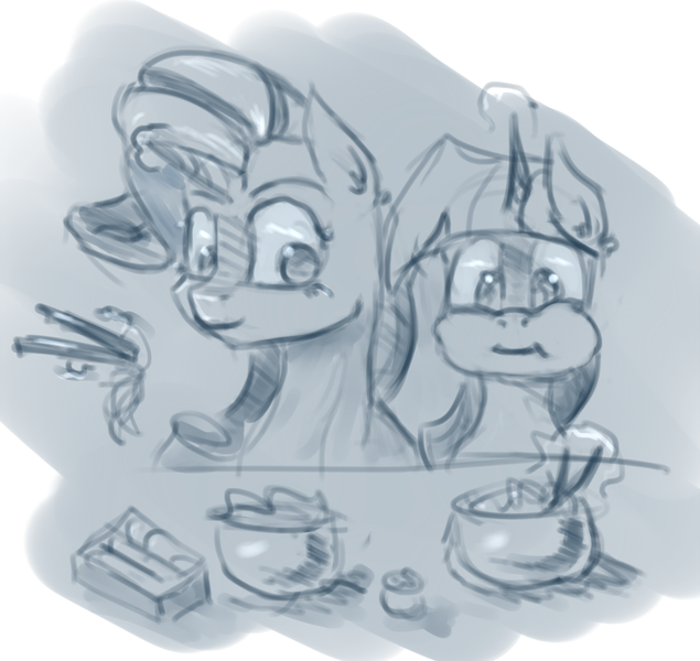 Size: 901x852 | Tagged: artist:post-it, chopsticks, derpibooru import, eating, food, monochrome, noodles, ramen, rarity, rarity looking at food, safe, sketch, sushi, twilight sparkle