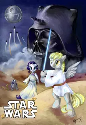 Size: 3100x4500 | Tagged: safe, artist:unnameluna, derpibooru import, derpy hooves, rarity, pegasus, pony, c-3po, crossover, darth vader, death star, female, food, luke skywalker, mare, muffin, princess leia, r2-d2, star wars