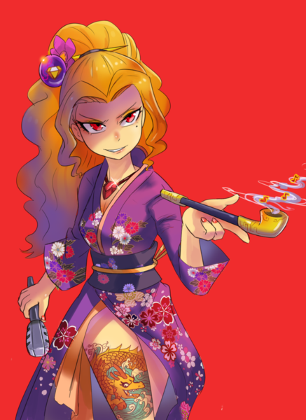 Size: 800x1098 | Tagged: suggestive, artist:tzc, derpibooru import, adagio dazzle, equestria girls, breasts, busty adagio dazzle, cleavage, clothes, female, japanese, kimono (clothing), microphone, nail polish, pipe, red background, side slit, simple background, solo, stupid sexy adagio dazzle, tattoo, yakuza