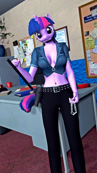 Size: 2160x3840 | Tagged: 3d, anthro, artist:reufmet, baton, belly button, breasts, busty twilight sparkle, cleavage, cuffs, derpibooru import, female, fingernails, looking at you, midriff, nail polish, plantigrade anthro, police, police officer, solo, solo female, suggestive, twilight sparkle