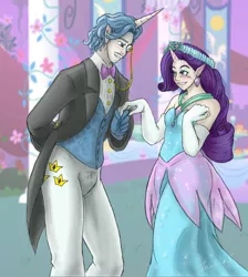 Size: 2940x3288 | Tagged: artist:zabchan, derpibooru import, elf ears, fancypants, female, horned humanization, human, humanized, male, raripants, rarity, safe, shipping, straight