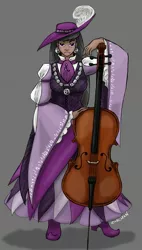 Size: 1415x2498 | Tagged: artist:zabchan, bard, cello, clothes, derpibooru import, dress, dungeons and dragons, fantasy, fantasy class, garb, hat, human, humanized, medieval, musical instrument, music notes, octavia melody, pimp hat, safe, solo