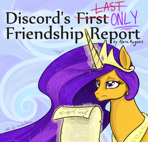 Size: 3450x3300 | Tagged: alternate color palette, artist:zabchan, cover art, derpibooru import, discord, eyeroll, fanfic, fanfic art, food, friendship report, glowing horn, hidden discord, orange, palette swap, princess celestia, purple, purple mane, recolor, safe, scroll, sigh, solo, title card