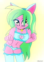 Size: 1488x2104 | Tagged: suggestive, artist:cbear624, derpibooru import, lemon zest, equestria girls, friendship games, bell collar, blue underwear, bra, breasts, busty lemon zest, cat ears, cat lingerie, cleavage, clothes, collar, crop top bra, face paint, female, frilly underwear, lingerie, looking at you, panties, side knot underwear, solo, solo female, stockings, underwear